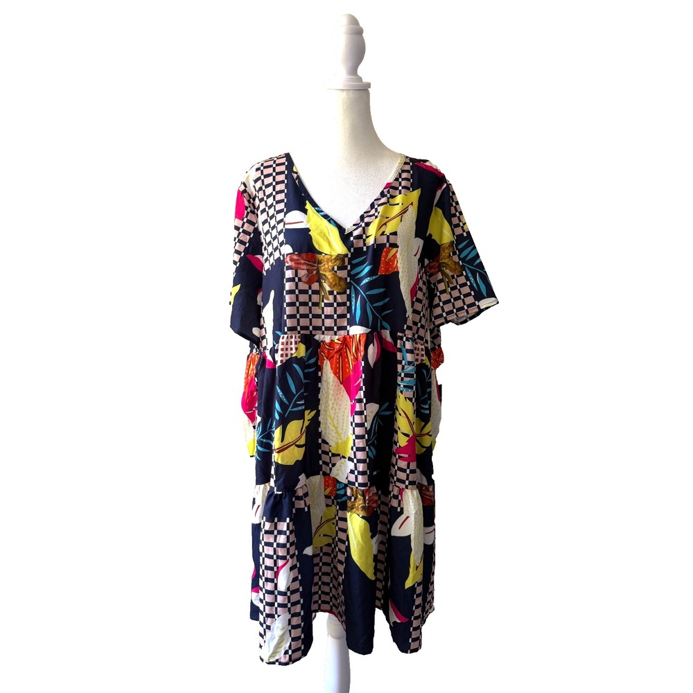 Fantaslook Tunic Dress Women XL Multicolor Tropical Checkered Tiered Boho Summer
